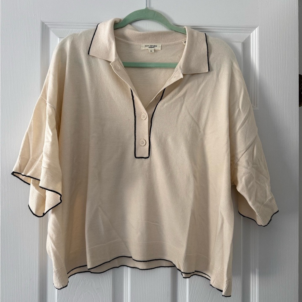 Max Studio Cream Polo with Black Contrast Trim